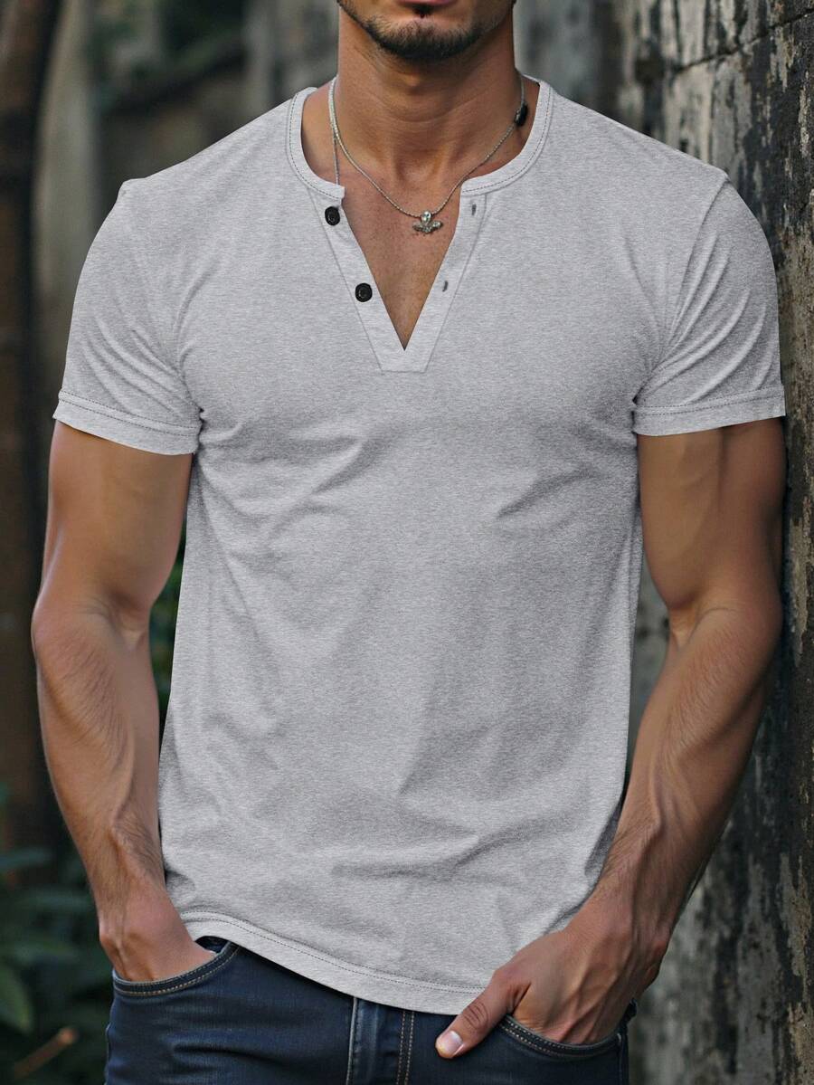 Manfinity Homme 男士纯色简约休闲短袖T恤 - 灰色 - 查看 1