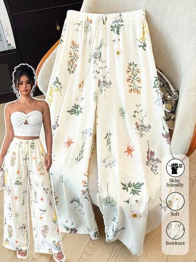 GlowEve CURVE Plus Size Women's Elastic Waist Fresh Floral Print Straight Leg Pants, Spring/Summer