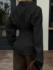 Siren Gaze 女士休闲纯色长袖衬衫，棉质修身收腰上衣，适合办公室穿着 - 黑色 - 查看 2