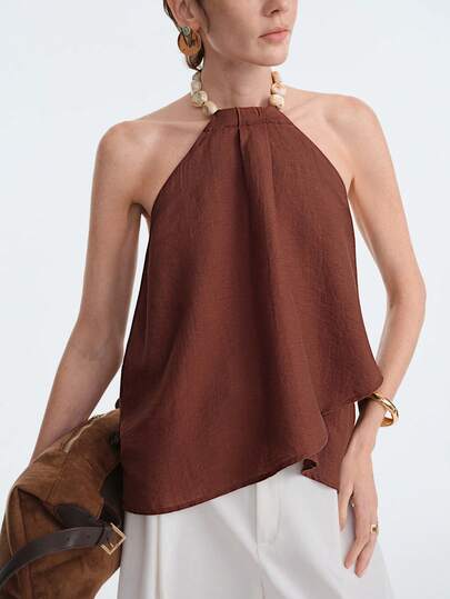 Aalyst Áo hai dây nữ màu mơ vân gỗ, họa tiết tre, hở lưng, cổ nơ, không tay, dáng rộng, xếp ly, thiết kế đan chéo, thanh lịch kiểu Pháp lãng mạn cổ điển, thích hợp cho công sở, đi biển, nghỉ mát, phong cách tối giản, đa năng, mùa xuân/hè.