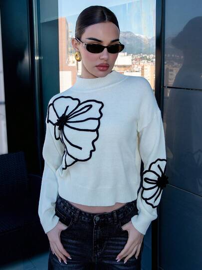 Bris Aura 女士纯色休闲手工 3D 花卉刺绣针织套头衫，适合秋季、冬季、优雅、休闲、正式、派对、时尚、新年、圣诞节、工作、毕业、婚礼