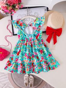 Elladie kids Young Girls Sleeveless Flounce Green Floral Print Short Dress With Big Bow Back Ruffle Hem Round Neck Vacation Style Squishy Summer Outfits - Green - View 6