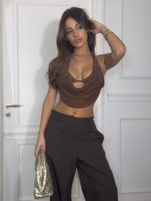 Ronhire Women's Sexy Backless Rhinestone Glitter Halter Neck Blouse, Suitable For Cocktail Party, Clubbing, Daily Wear, Autumn/Winter Layering Top, Party, Carnival,Sequin Top, Sparkly Top Cowl Neck Top,Valentine's Day,Valentine Outfits For Women - Brown - View 1