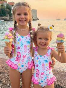 SHEIN Cute Baby Girl Stretch Knit Camisole With Playful Print - One-Piece Swimsuit - Blue - View 1