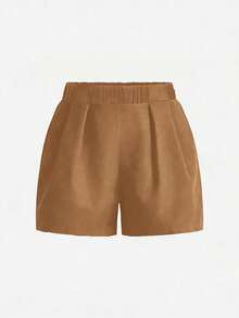 SHEIN LUNE Regular Plus Size Women Solid Color Pleated Pocket Loose Casual Shorts - Khaki - View 3