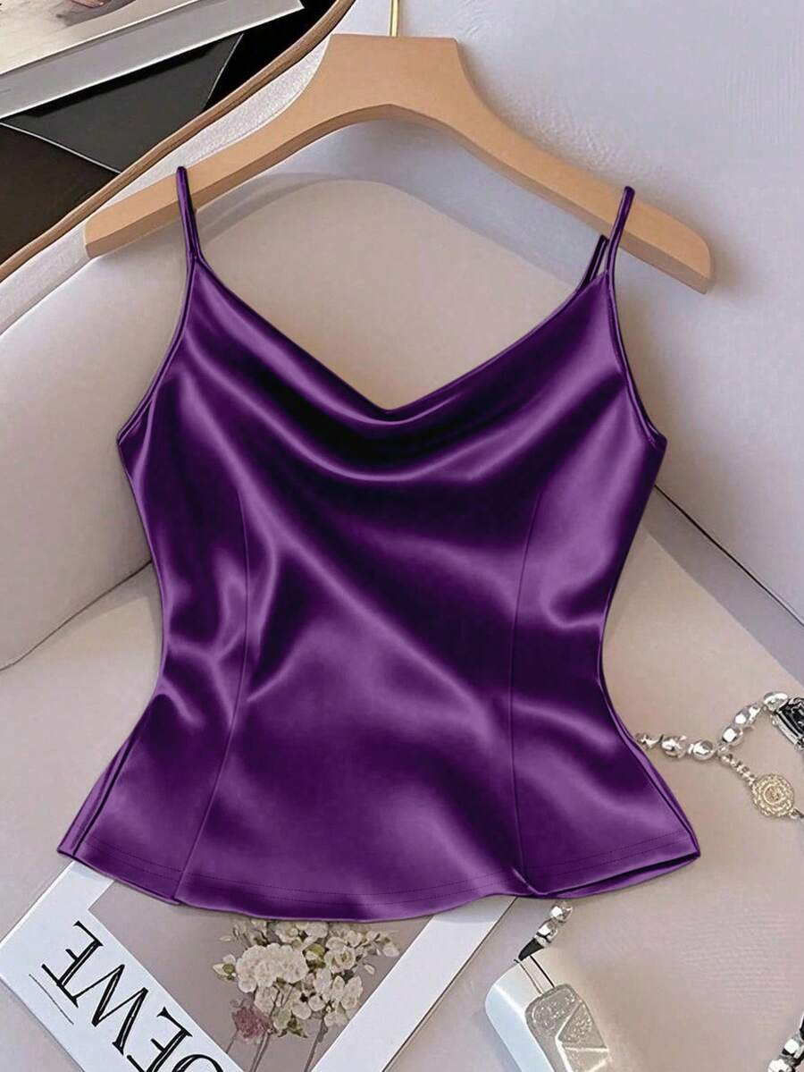 GlowEve Women's Shiny Woven Fabric Sleeveless Gathered Waist Fitted Casual Camisole, Suitable For Spring, Autumn And Winter - Purple - View 1