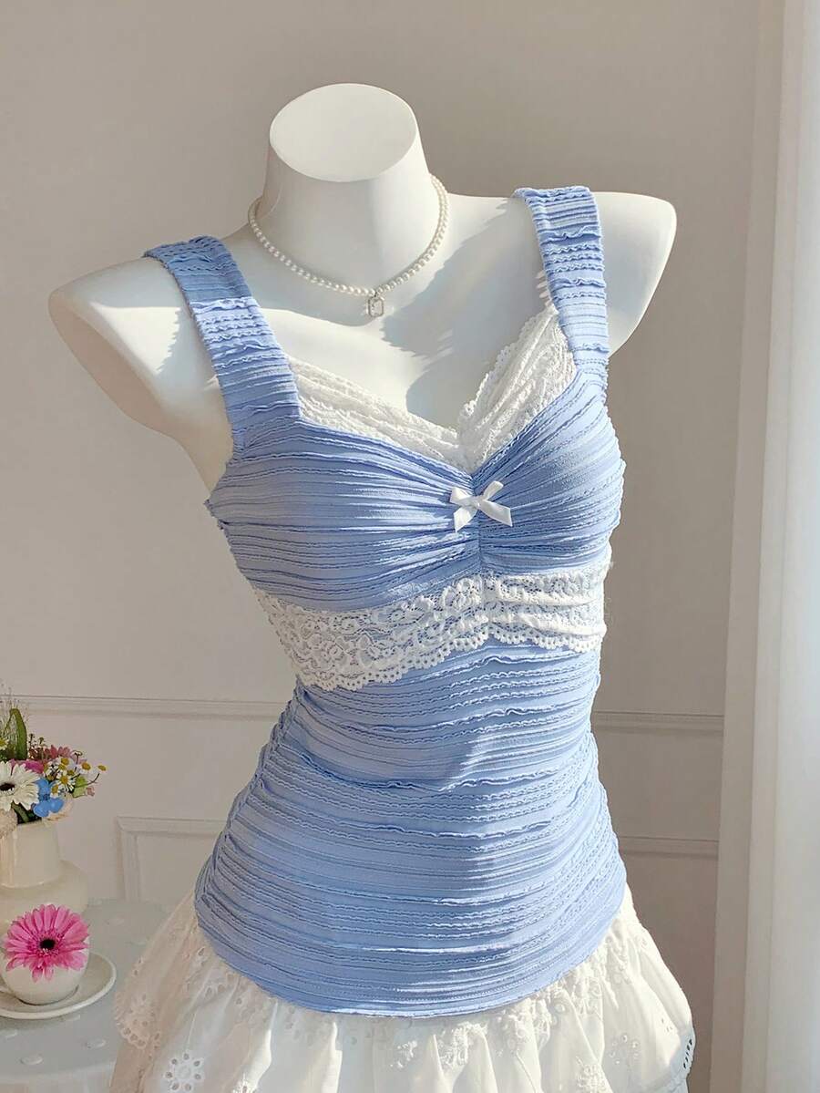 SHEIN Comfortcana 女士优雅撞色蕾丝拼接吊带背心，夏季 - 藍色 - 查看 1