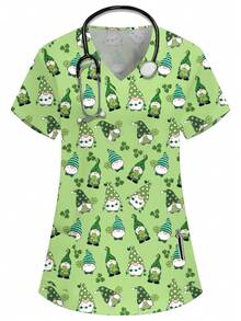PopScrub 女士V领印花休闲工作服上衣 - 綠色 - 查看 1