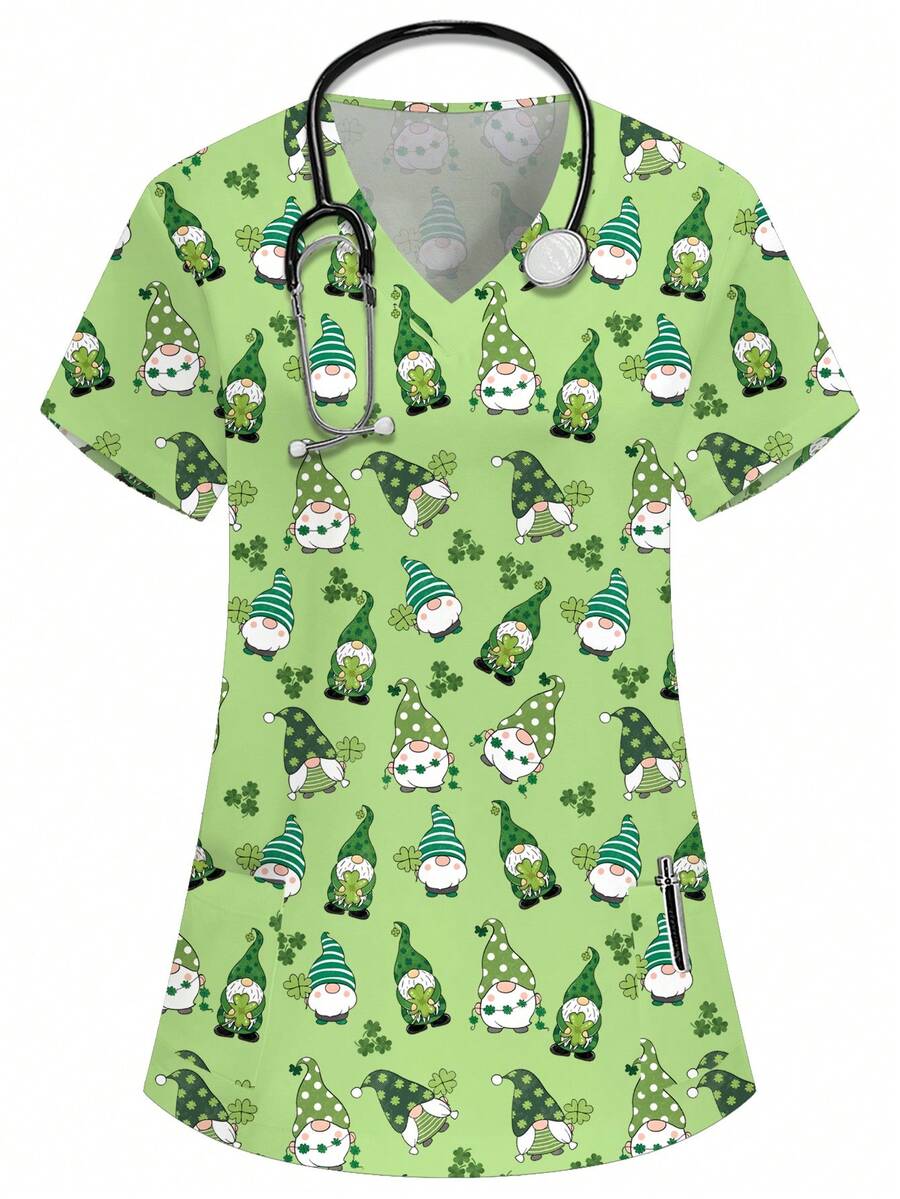 PopScrub 女士V领印花休闲工作服上衣 - 綠色 - 查看 1