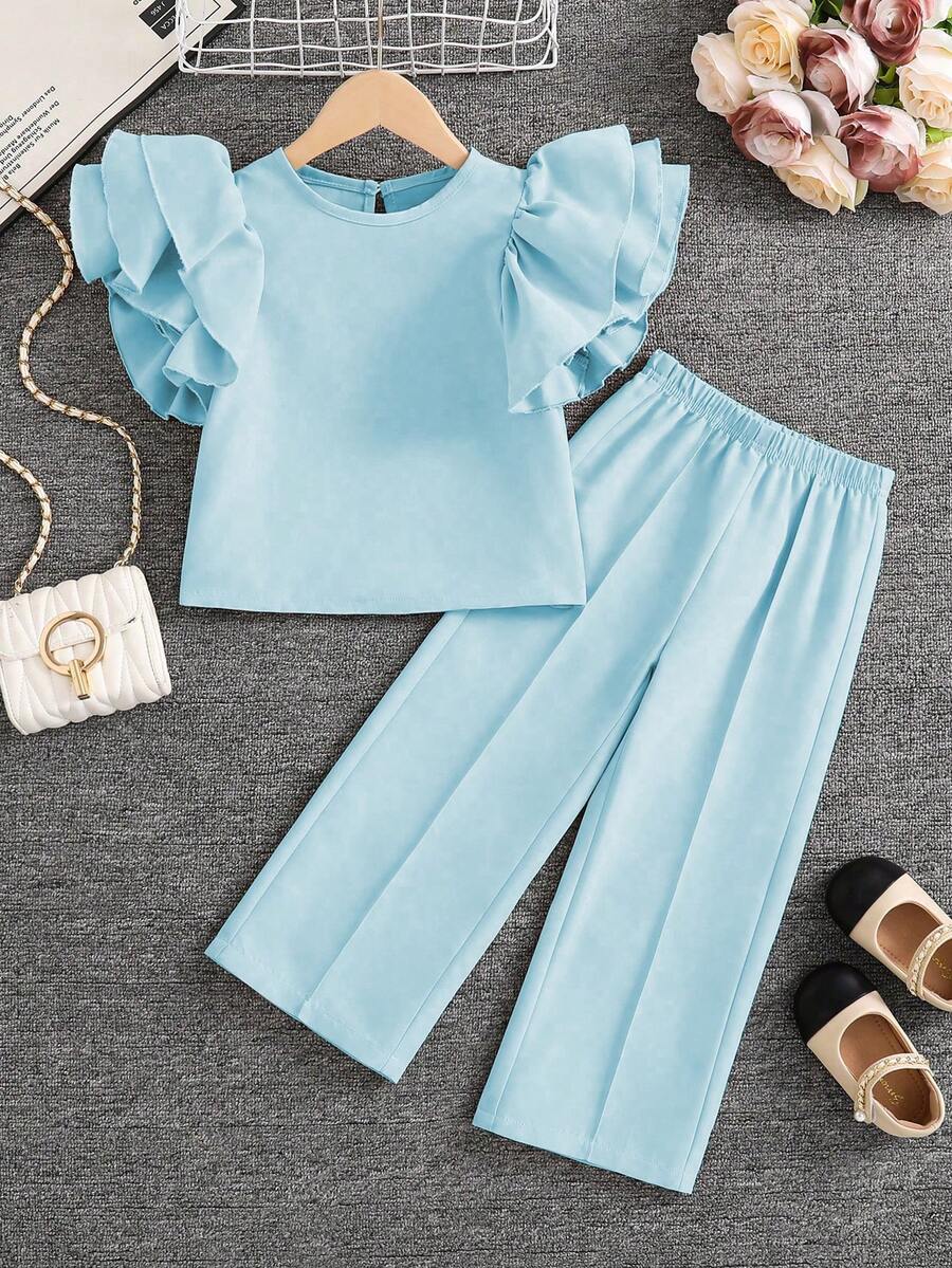 SHEIN Elladie kids Young Girl Minimalist Fashion Ruffle Trim Short Sleeve T-Shirt And Pants Set - Baby Blue - View 1