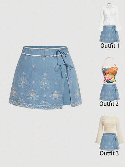 SHEIN MOD Plus Size Women Floral Embroidery Bow Decor Casual Vacation A-Line Skirt Summer Outfit Set For Women Blue Beach Outfit Blue Vacation Outfit Cottagecore Clothes Picnic Outfit Women