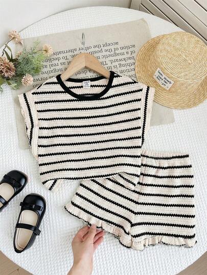 LMoss Kids 2pcs Baby Girl Knitted Striped Round Neck Casual T-Shirt And Shorts Set