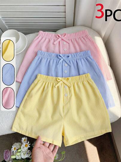 Sparklyn 3pcs Tween Girls' Summer Striped Shorts Set, Yellow, Blue, Pink Colors For Versatile Matching, Bow Waist Decor, Loose Fit For All-Day Comfort, Suitable For Daily Wear, Play Or Leisure