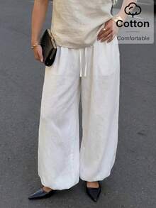 Aloruh Quần ống loe bằng vải lanh trắng kiểu dáng thường ngày mới cho nữ mùa hè và kỳ nghỉ. - trắng - Xem 2