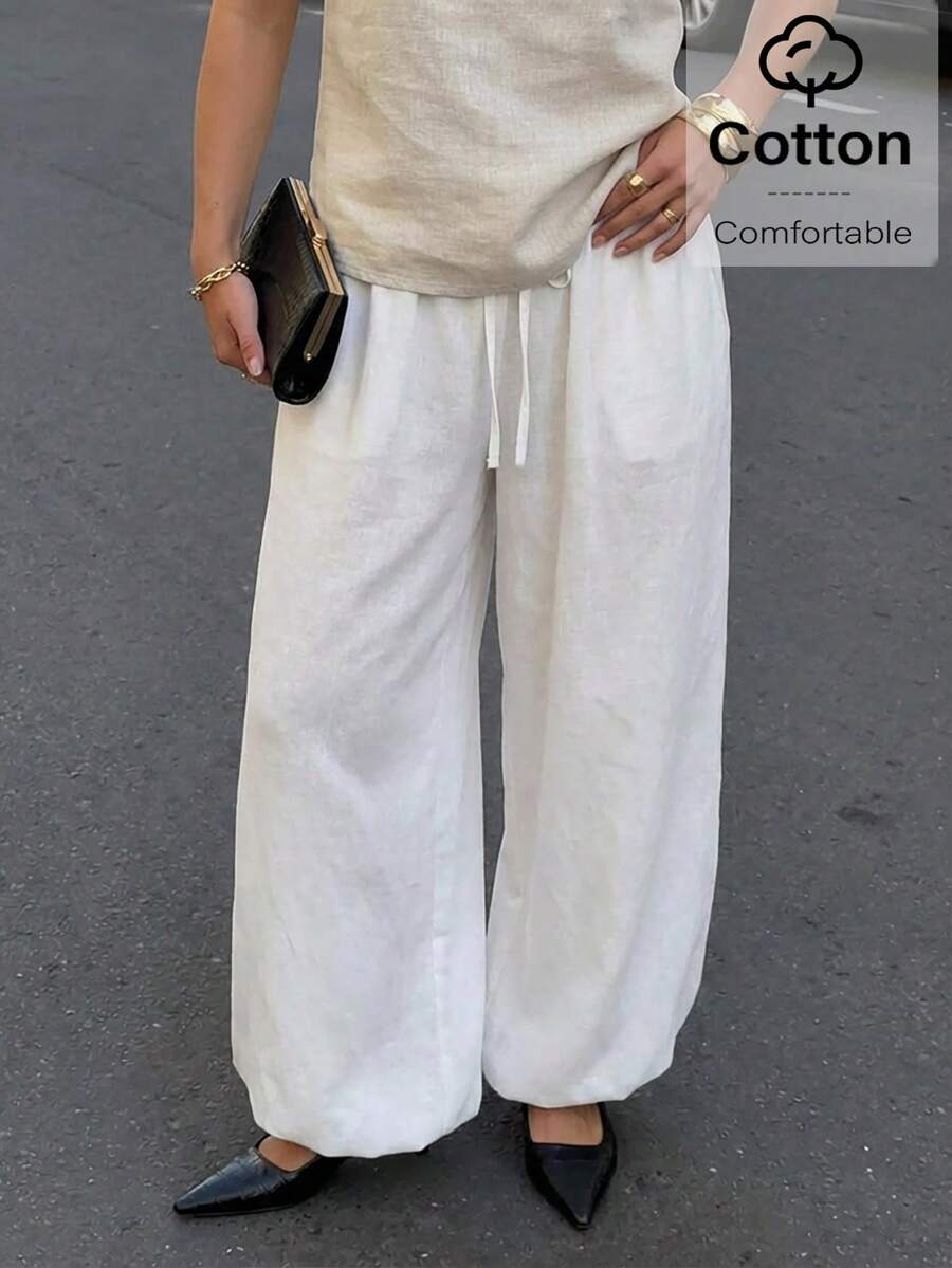 Aloruh Quần ống loe bằng vải lanh trắng kiểu dáng thường ngày mới cho nữ mùa hè và kỳ nghỉ.
