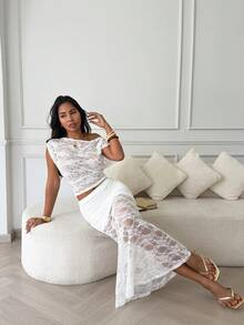 Slaydiva Chân váy dài màu trắng xuyên thấu dáng đuôi cá thanh lịch cho kỳ nghỉ hè - trắng - Xem 3