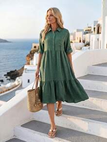 Faunlyn Damen Einfarbiges Midi-Hemdblusenkleid mit Knopfleiste und Manschetten-Ärmeln - Grün - Übersicht 7