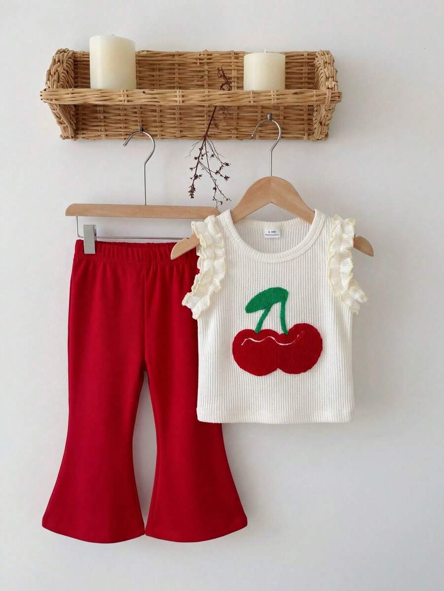 SHEIN Vintaside Kids Toddler Girls' Waffle Ruffle Trim Sleeveless Cherry Embroidered Tank Top And Flared Pants Set, Cute Casual Summer Outfit Toddler Red Pants Cherry Toddler Outfit Cherry Baby Outfit Red Baby Bell Bottom Pants Toddler Bell Bottom Outfit Red Bell Bottom Pants Toddler Girl Outfit Baby Bell Bottom Outfit Red Baby Girl Pants Red Wide Leg Pants Toddler Girl Red Pants Strawberry Toddler Outfit Cherry Clothes Baby Girl Pants And Top Toddler Flare Pants Set Cherry Outfits For Girls Baby Bell Bottoms Outfit - Apricot - View 1
