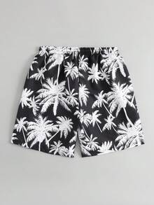 SHEIN 一件青少年男童黑白棕榈树印花泳衣，松紧腰带配抽绳，梭织面料，时尚休闲，适合游泳、夏季度假、海滩、泳池派对 - 黑與白 - 查看 2