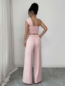 SHEIN Raffinéa 女士3D立体花卉装饰衬衫和阔腿裤休闲套装粉色两件套 女士两件套 女士优雅两件套春季套装 粉色连体裤 女士优雅两件套 女士套装 女士夏季套装 两件套 女士服装套装 - 粉色 - 查看 2
