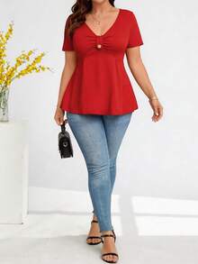 Plus Size Casual Solid Color Short Sleeve T-Shirt, Summer - Red - View 4