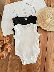 2pcs Newborn Baby Girl Summer Cute Solid Color Ruffle Trim Romper Set - Multicolor - View 6