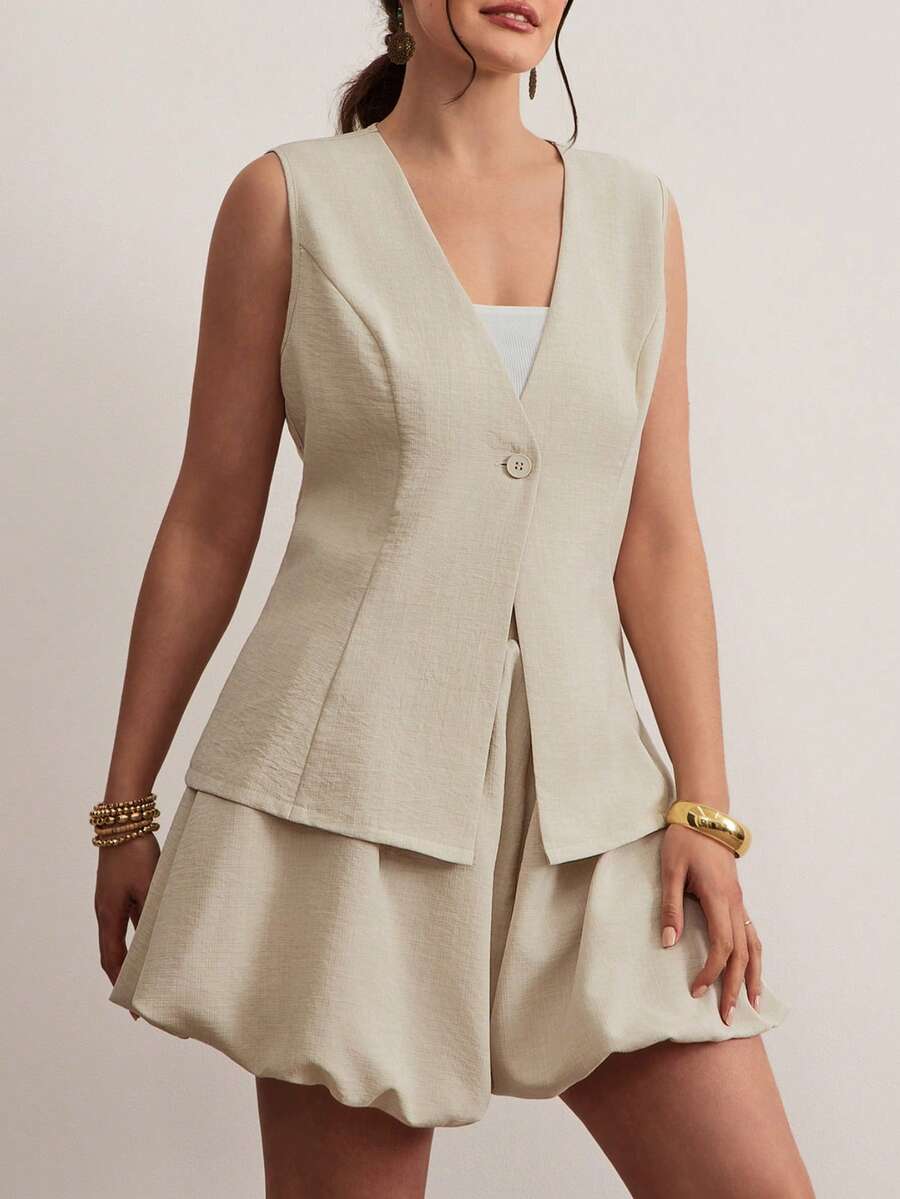 Freevana 大码波西米亚杏色两件套，无袖上衣+短裤，休闲沙滩度假百搭套装，夏季 - 米色 - 查看 1