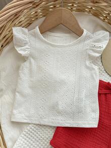Set Baju Atasan Putih dan Celana Pendek Pinggang Elastis Lucu untuk Bayi Perempuan di Musim Panas - Merah - View 4