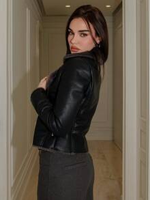 Bris Aura 女式黑色 PU 皮革复合仿兔毛领夹克 - 黑色 - 查看 2