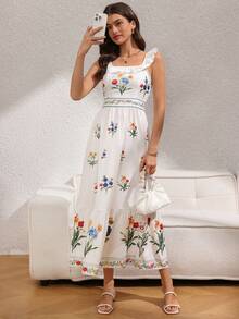 Franclia Đầm hai dây in hoa trắng, trang phục đi nghỉ mát cho nữ, đầm ôm dáng thướt tha từ xuân hè, đầm hè nữ, đầm chống nắng nữ, đầm hoa dại, đầm nữ, quần áo nữ. - trắng - Xem 3