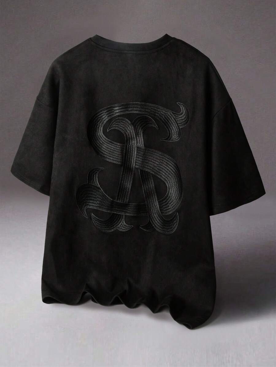 STYNVO Men's Casual Fashion Street Daily Commute Letter Embroidery Drop Shoulder Loose T-Shirt, Summer Men's Oversized T-Shirt Men's Boxy T-Shirt Men's Streetwear Men's Graphic Drop Shoulder Tee Men's Oversized Graphic Tee - Black - View 1