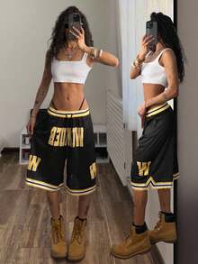 StreetHx Quần short nữ màu vàng in chữ, dáng rộng, phong cách thể thao thường ngày, thích hợp cho kỳ nghỉ, lễ hội âm nhạc, chất liệu lưới. - màu đen - Xem 6