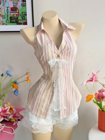 Lalippa Áo kiểu nữ kẻ sọc, buộc dây phía trước, không tay, chất liệu ren.