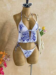 Soleia Women's Summer Beach Vacation Tropical Print Backless Tie-Front Split Bikini Set - Multicolor - View 5