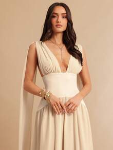 Silquee Apricot & White Deep V-Neck Ruched A-Line Backless Dress, Elegant Attire For Bridesmaids, Weddings, Beach Vacations, Dates, Parties, Cocktail Events, Romantic Occasions - Apricot - View 4