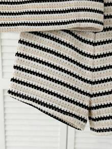 SHEIN 2pcs Baby Girl Knitted Striped Sleeveless Top And Shorts Set - Multicolor - View 3