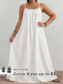 SHEIN CURVE+ 大码曲线/秋季服装/女士秋季服装/女士冬季服装/冬季服装大码纯色褶皱细节休闲吊带连衣裙，适合生日派对、毕业典礼、学生装、日常休闲、度假等场合。 - 白色 - 查看 1