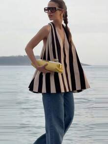 Firerie 女士优雅通勤OL音乐节海滩度假嘉年华条纹露背上衣，V领条纹吊带背心，百搭夏季单品。女士假日装，黑白斜条纹，母亲节礼物，春夏必备，海滩休闲，外出上衣 - 黑與白 - 查看 8