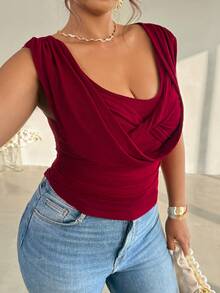 Firerie 女士优雅浪漫约会之夜套装 - 酒红色针织网纱长袖圆领修身上衣，适合优雅约会、日常休闲穿着、派对和度假。 - 紅色 - 查看 5