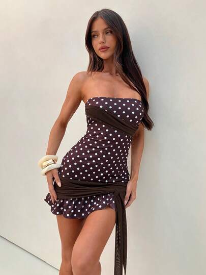 Aloruh Vestido mini de fiesta con diseño de volantes sin tirantes con lunares para mujer