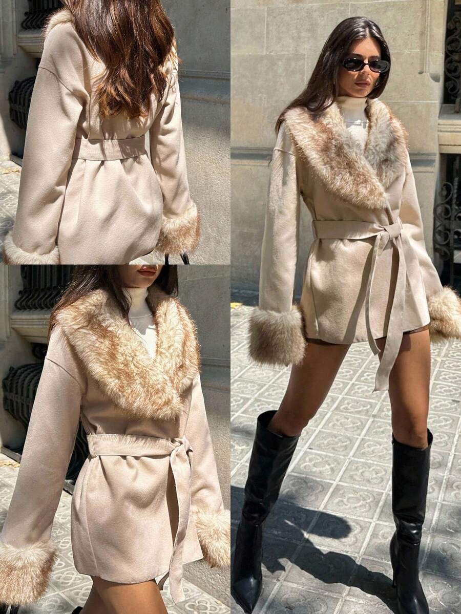 Aloruh 女士杏色拼接仿毛领设计时尚通勤休闲复古大衣，配腰带，秋冬季万圣节服装