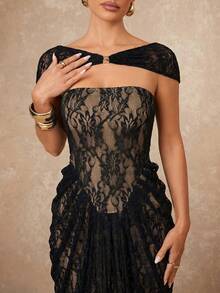 Lumalex 金属装饰胸衣金属网纱垂褶美人鱼下摆女士超长连衣裙 - 黑色 - 查看 4