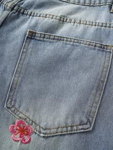 Manfinity Joysei 男士街头时尚梅花刺绣水洗阔腿牛仔裤 - 淺色水洗藍 - 查看 5