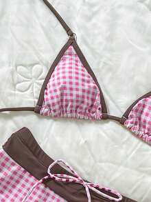 Swim Mod 女士沙滩装格子印花性感运动短裤比基尼套装，棕色沙滩泳衣，适合情人节、新年派对、度假、春夏泳装 - 粉色 - 查看 8