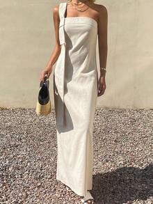 DAZY Solid Color Waist-Cinched Dress With Bow Decor, Elegant Summer Long Dress For Women Sundress - Apricot - View 1