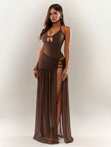 Radiana 性感优雅棕色串珠装饰高开衩修身连衣裙，飘逸网纱连衣裙，露背连衣裙，吊带连衣裙，度假连衣裙，约会连衣裙，适合夜晚、约会、派对、舞会、俱乐部、鸡尾酒会、晚宴、宴会、音乐会、海岛度假、海滩等场合。网纱长裙，棕色沙滩裙，透视连衣裙，棕色罩衫泳装，棕色性感连衣裙，女士性感连衣裙，透视沙滩裙，女士沙滩套装，比基尼罩衫，女士连衣裙，正装 - 棕色 - 查看 5