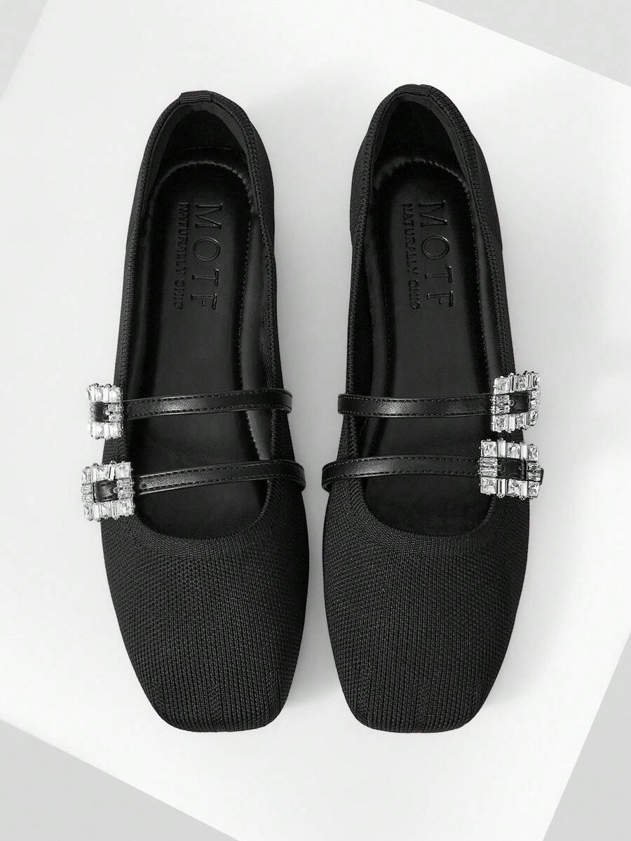 MOTF PREMIUM Zapatos planos de piel sintética de poliuretano con decoración de rhinestones - Todo negro. - Ver 1