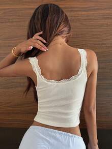DAZY Áo camisole ôm sát cổ tròn phối ren dành cho nữ, thích hợp cho mùa hè. - trắng - Xem 6