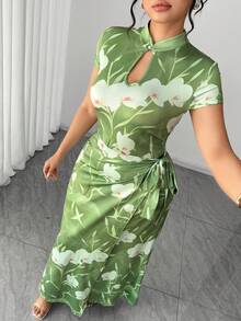 Elenzga 优雅加大码女式连帽袖芙蓉花印花连衣裙 - 綠色 - 查看 5