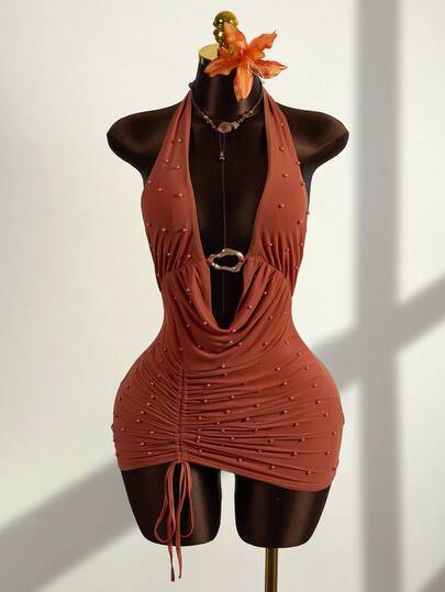 Zestiva Women's Vacation Beach Beaded Backless Halter Drawstring Mini Dress